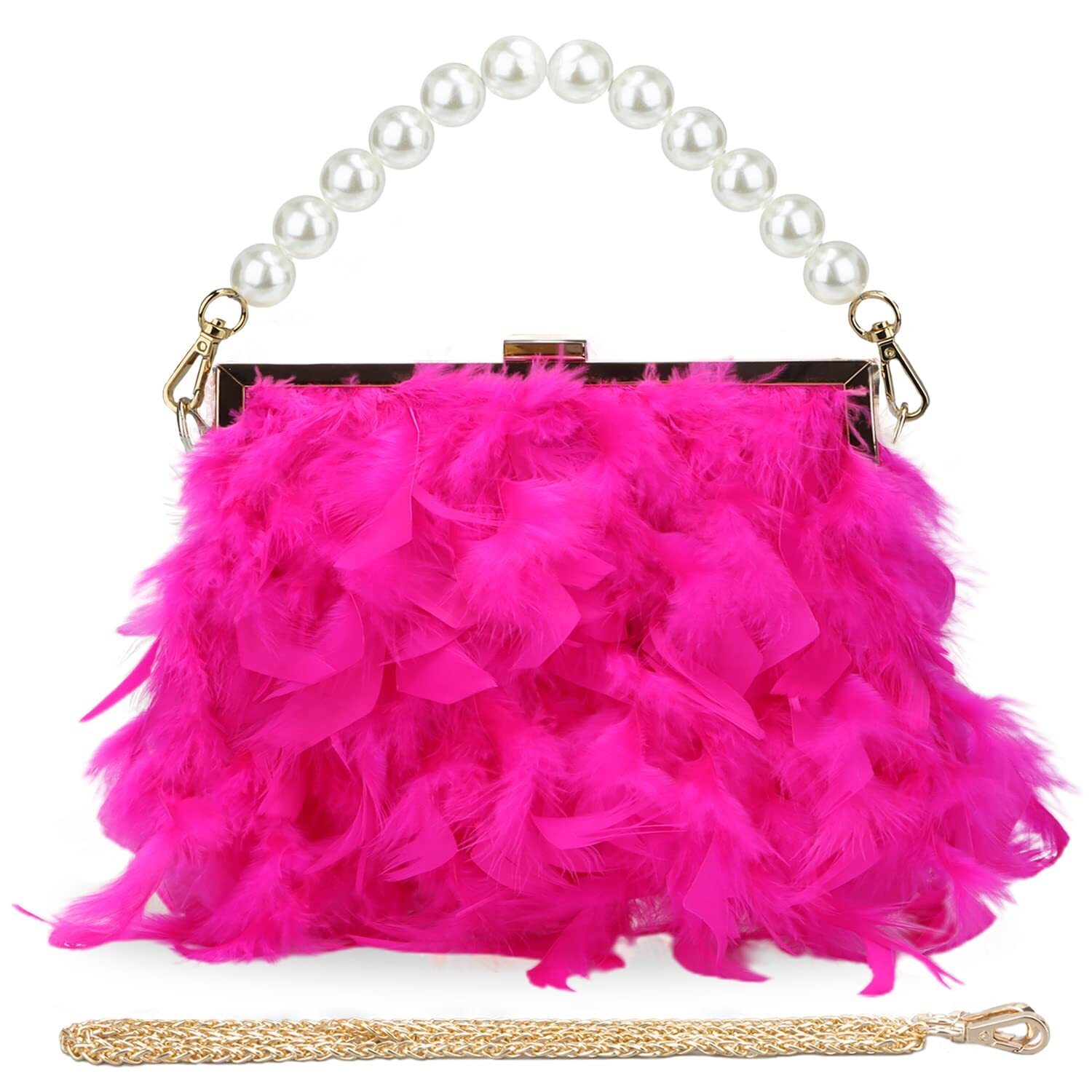 2399 Hot Pink Feather Clutches Purses Bagpearl Fluffy Evening Handbags